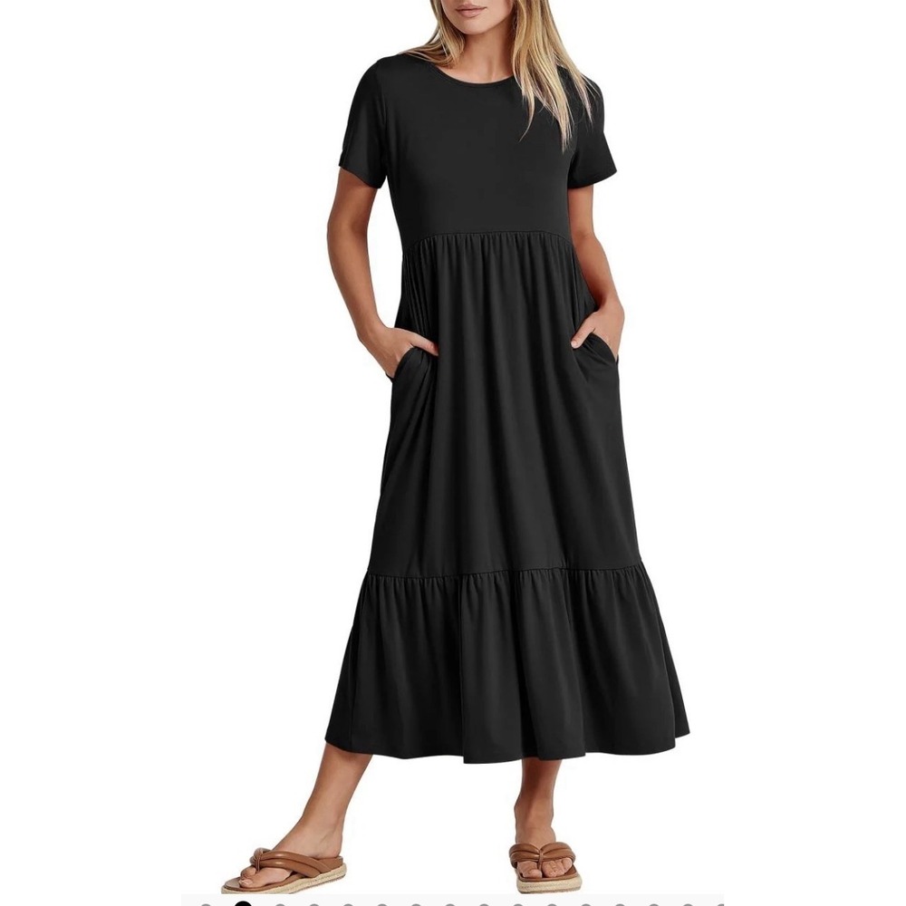 Anrabess Women's S/S‎ Fit and Flare Tiered Maxi Dress Black Size XL